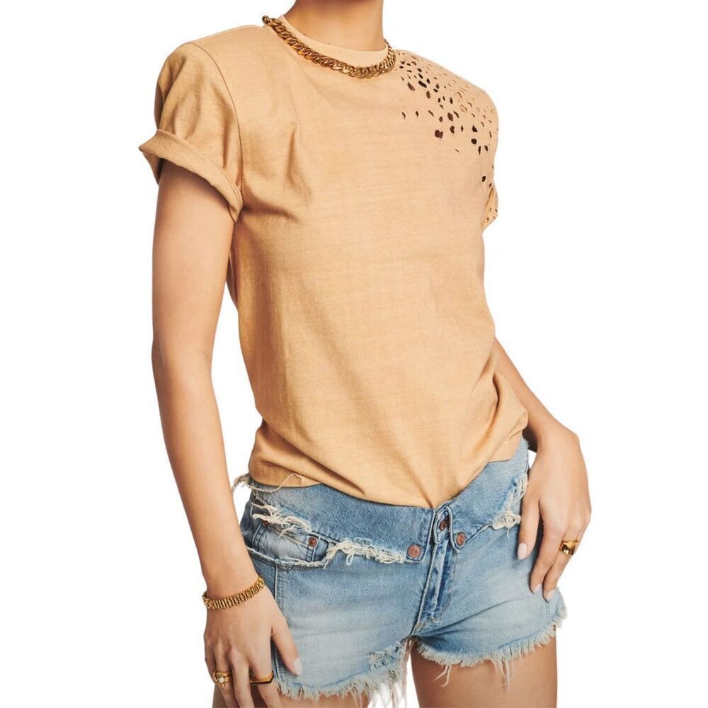 Ser.O.Ya Retrofete size XS Distressed Structured T-Shirt Tan Thrashed Holes New